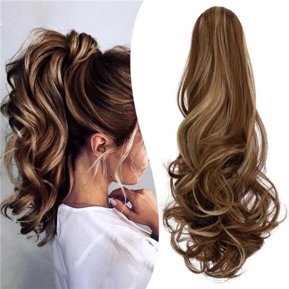 Claw Clip Ponytail Extension 18" Wavy Ash Blonde x Brown